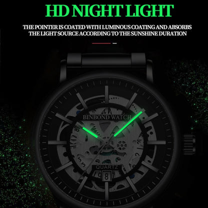BINBOND B7872 Multifunctional Hollow Luminous Waterproof Quartz Watch, Color: Black Steel-Black-White - Metal Strap Watches by BINBOND | Online Shopping UK | buy2fix