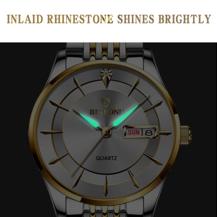 BINBOND B2077 30M Waterproof Quartz Luminous Watch Butterfly Buckle Men's Steel Belt Watch(Inter-gold-White) - Metal Strap Watches by BINBOND | Online Shopping UK | buy2fix