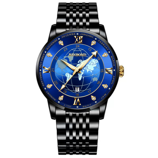 BINBOND B1117 30M Waterproof Earth Dial Butterfly Buckle Luminous Quartz Watch(Black Steel-Blue-Gold) - Metal Strap Watches by BINBOND | Online Shopping UK | buy2fix