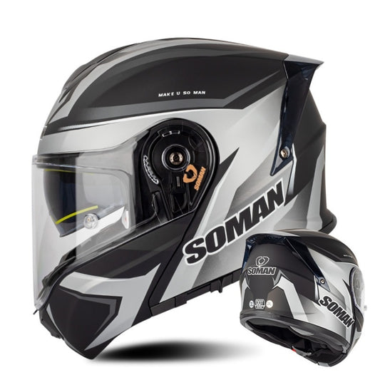 SOMAN Racing Motorcycle Double Lens Riding Safety Helmet, Size: L(Silver Gray Black Vision) - Helmets by SOMAN | Online Shopping UK | buy2fix