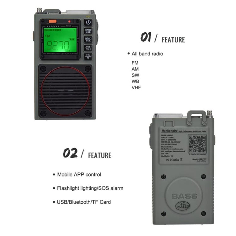 HanRongda HRD-787 High Performance Full Band Portable Bluetooth Card SOS Warning LED Lighting Radio(Green) - Radio Player by HanRongda | Online Shopping UK | buy2fix