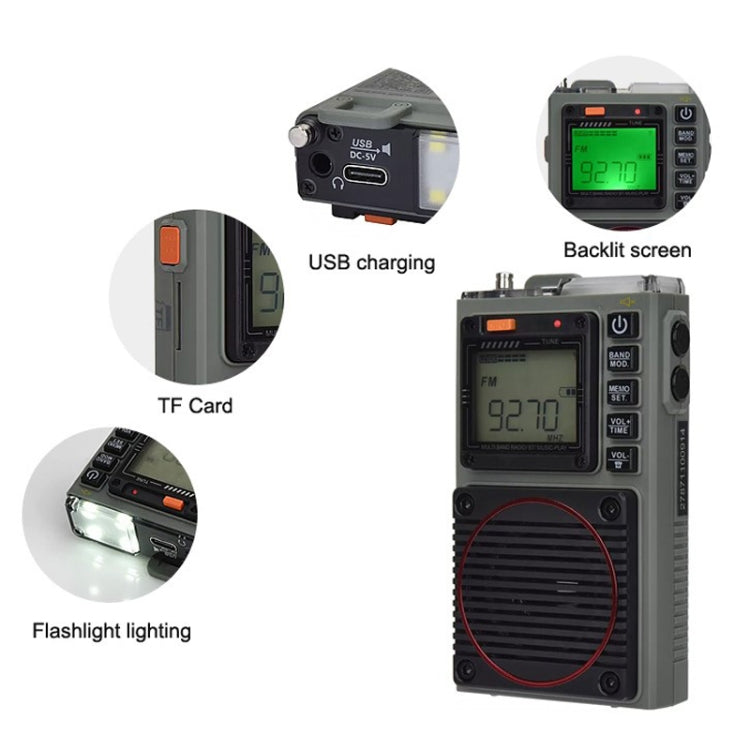 HanRongda HRD-787 High Performance Full Band Portable Bluetooth Card SOS Warning LED Lighting Radio(Green) - Radio Player by HanRongda | Online Shopping UK | buy2fix