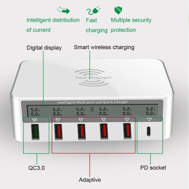 818PF 5 USB Ports + Type-C Smart Digital Display Wireless Phone Charger, Style: US Plug (White) - Multifunction Charger by buy2fix | Online Shopping UK | buy2fix