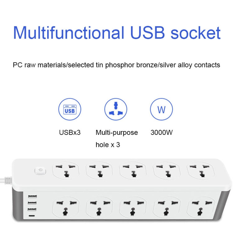 D15 2m 3000W 10 Plugs + PD + 3-USB Ports Vertical Socket With Switch, Specification: EU Plug - Extension Socket by buy2fix | Online Shopping UK | buy2fix