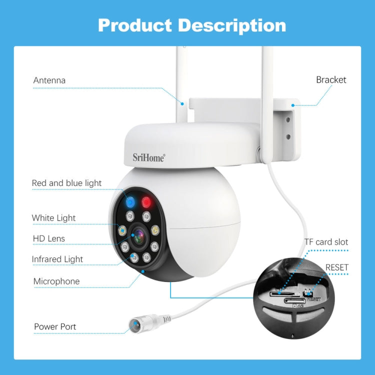 SriHome SH052B Wifi 5MP Wireless PTZ IP AI Auto Tracking Sound&Light Alarm Starlight Color Night Vision Outdoors Surveillance Camera, Plug: EU - Dome Camera by SriHome | Online Shopping UK | buy2fix